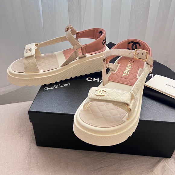 Auth Chanel BNIB 23A White Beige CC Logo Platform Strap Sandals - Size 38 - Picture 2 of 11